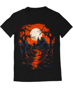 Haunted Graveyard Halloween Mens Graphic Tee Premium Short Sleeve Shirt