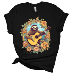 Sloth Playing Guitar Floral Frame Aesthetic Cottagecore Women's Graphic Tee