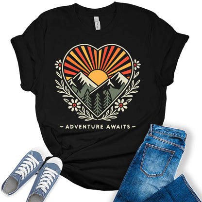 Women's Adventure Awaits Outdoor Graphic Tee Shirt Heart Printed Hike Mountain Nature Travel Workout Tops