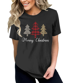 Plaid Animal Print Christmas Tree Merry Christmas Funny Womens T-shirt