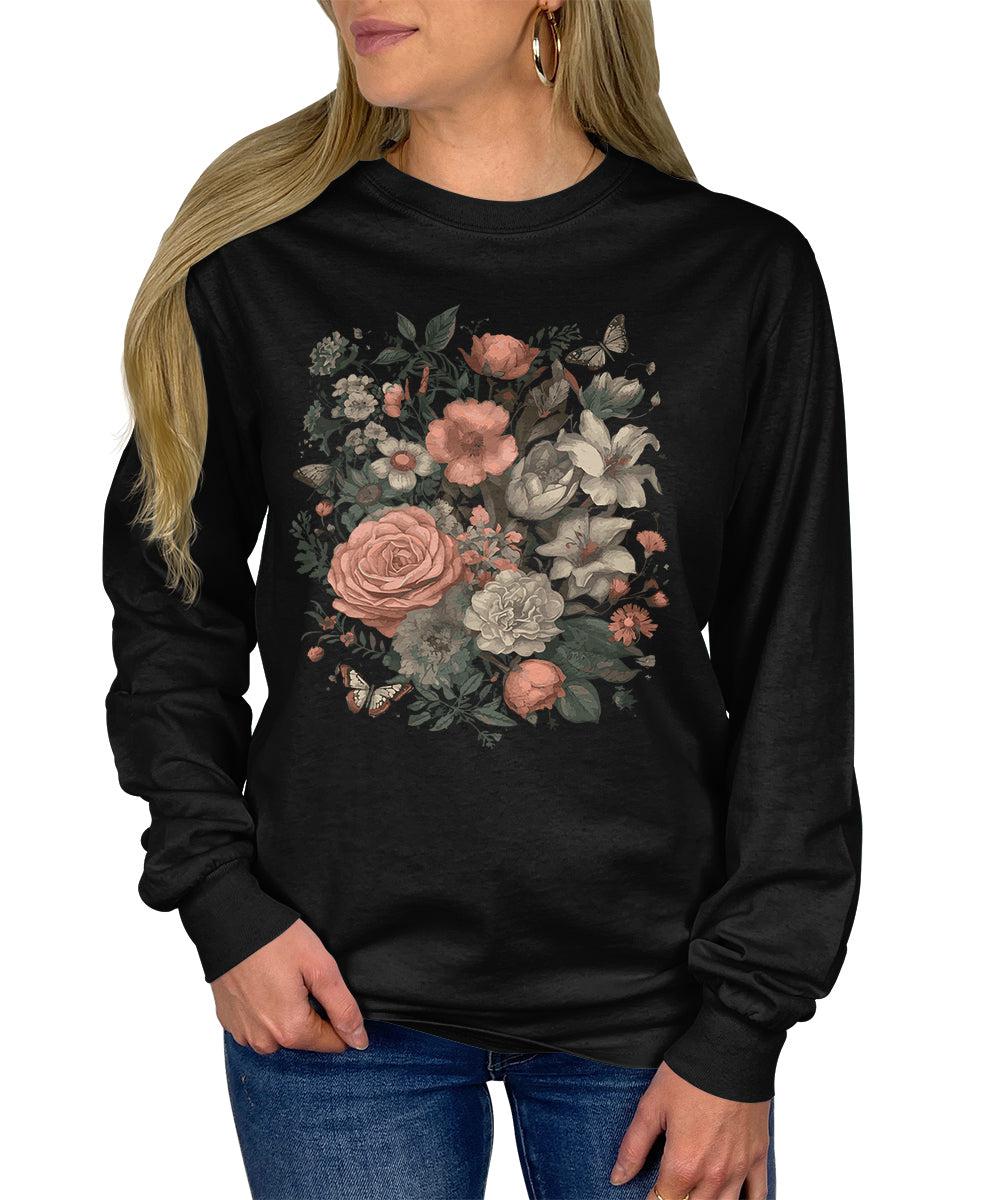 Womens Floral Trendy Wildflower Butterfly Fall Long Sleeve T-Shirt