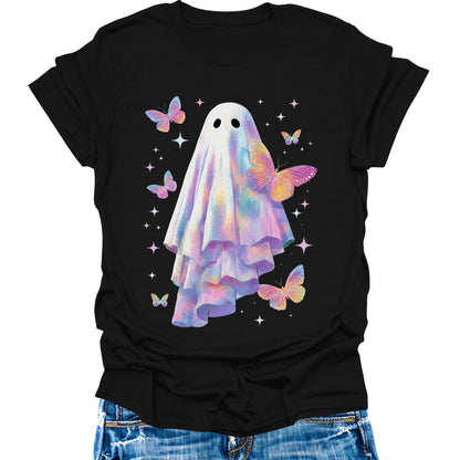 Cute Ghost Shirt for Women Halloween Butterfly Graphic Tee Short Sleeve Casual Top