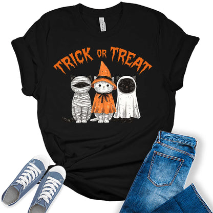 Halloween Cat Shirt for Women Cute Trick or Treat Bella Graphic Tee Short Sleeve Costume Top