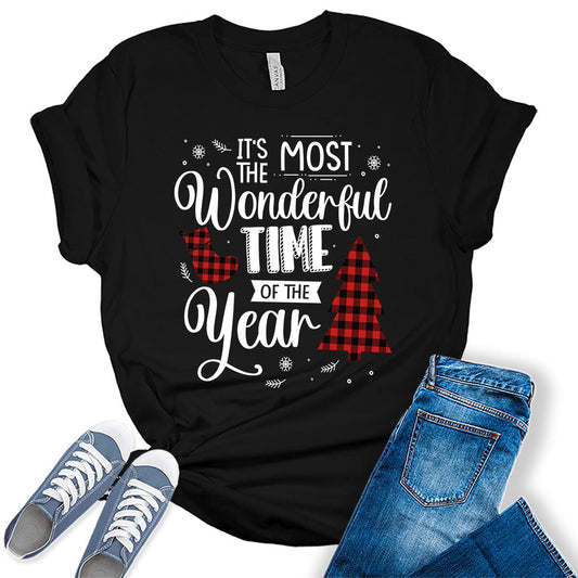 Christmas Shirts for Women It's The Most Wonderful Time of The Year Tshirt Buffalo Plaid Cute Graphic Tees