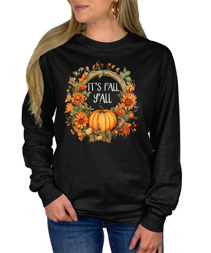 It's Fall Y'all Floral Pumpkin Autumn Wreath Long Sleeve T-Shirt