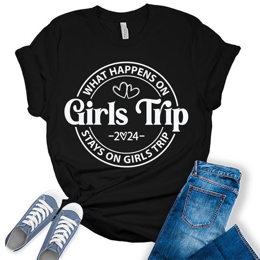 What Happens On A Girls Trip 2024 Shirt Vacation Graphic Tees for Women Cute Summer Tops