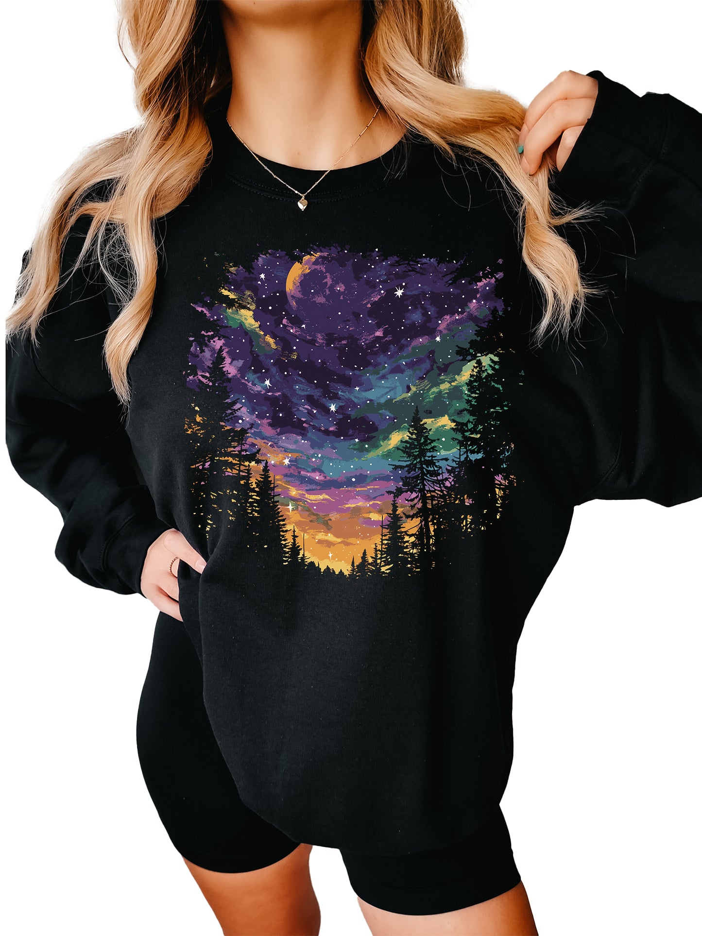 Women's Night Sky Purple Moon Crewneck Sweatshirt