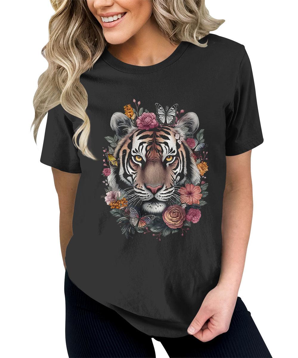 Floral Tiger Face Animal Graphic Tees For Women