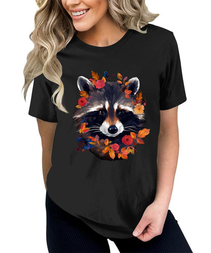 Fall Raccoon Face Flowers Graphic Tees For Women