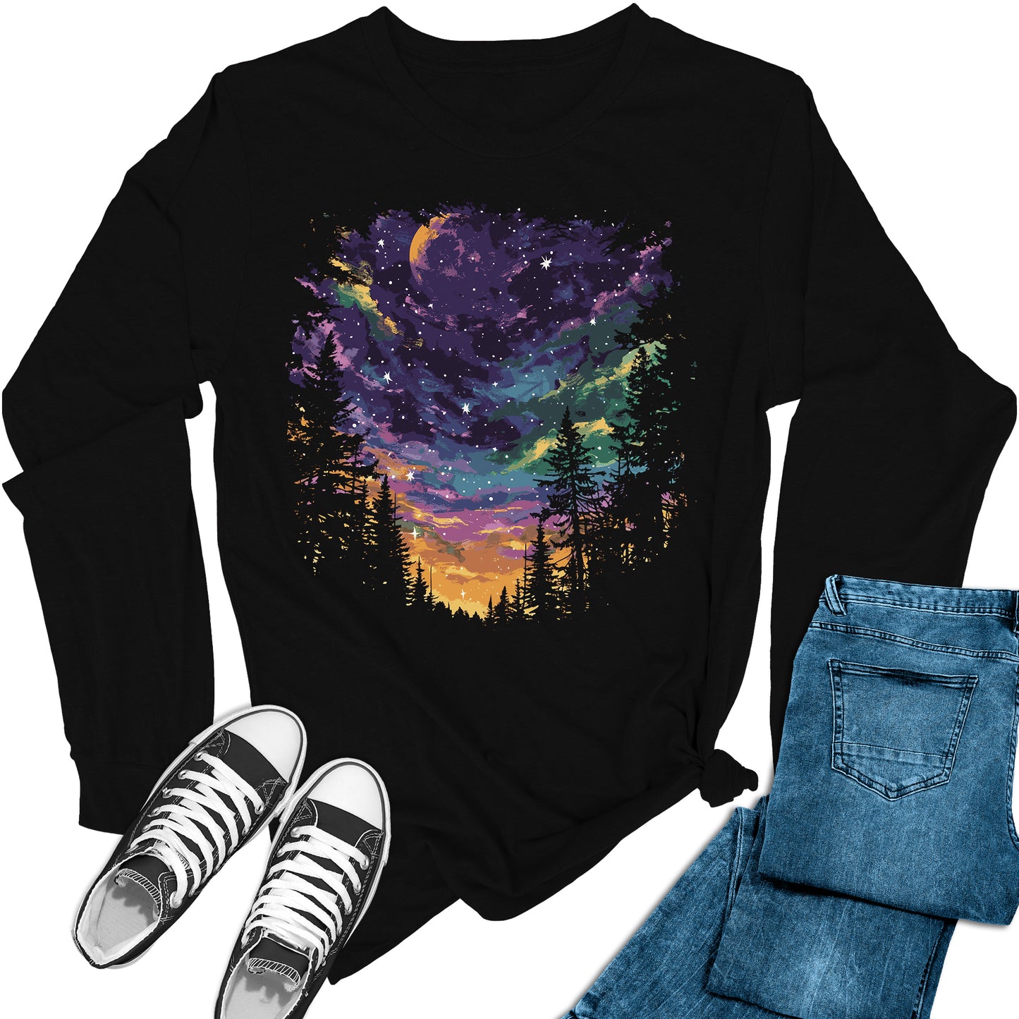 Women's Purple Moon Night Sky Long Sleeve Graphic Tees