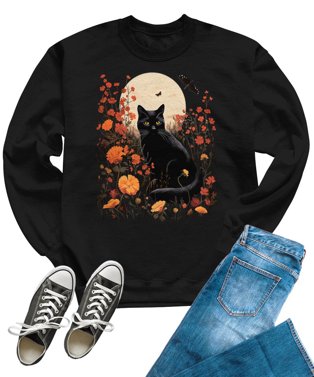 Womens Trendy Cat Wildflower Fall Crewneck Sweatshirt