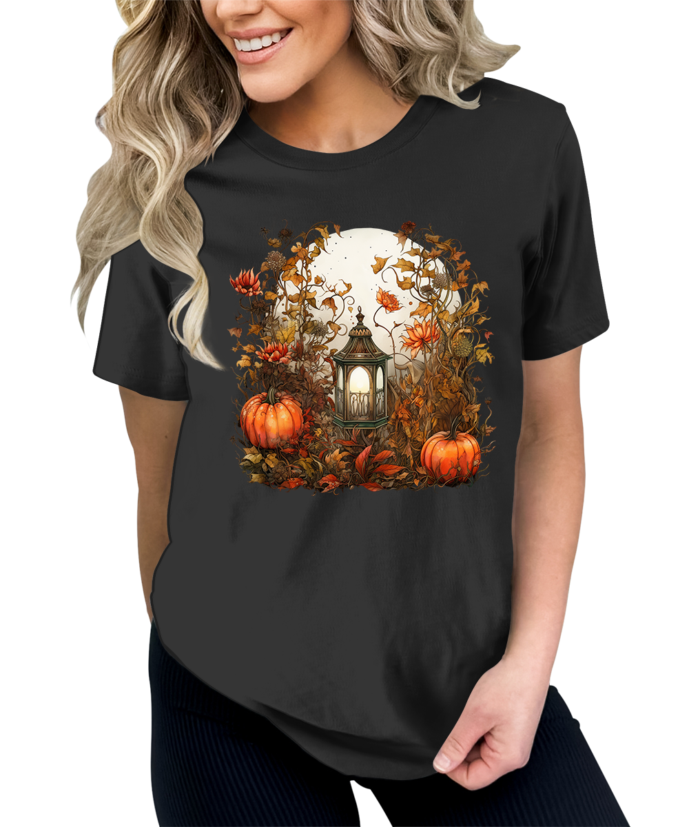 Moon Lantern Fall Floral Pumpkin Graphic Tees for Women