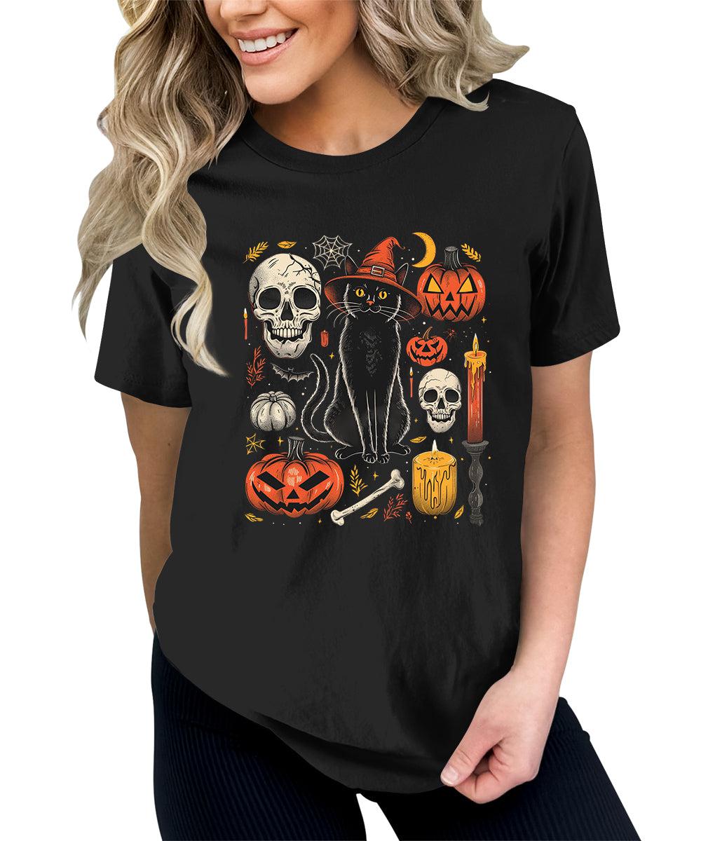 Scary Halloween Witch Cat Pumpkin Graphic Tees For Women