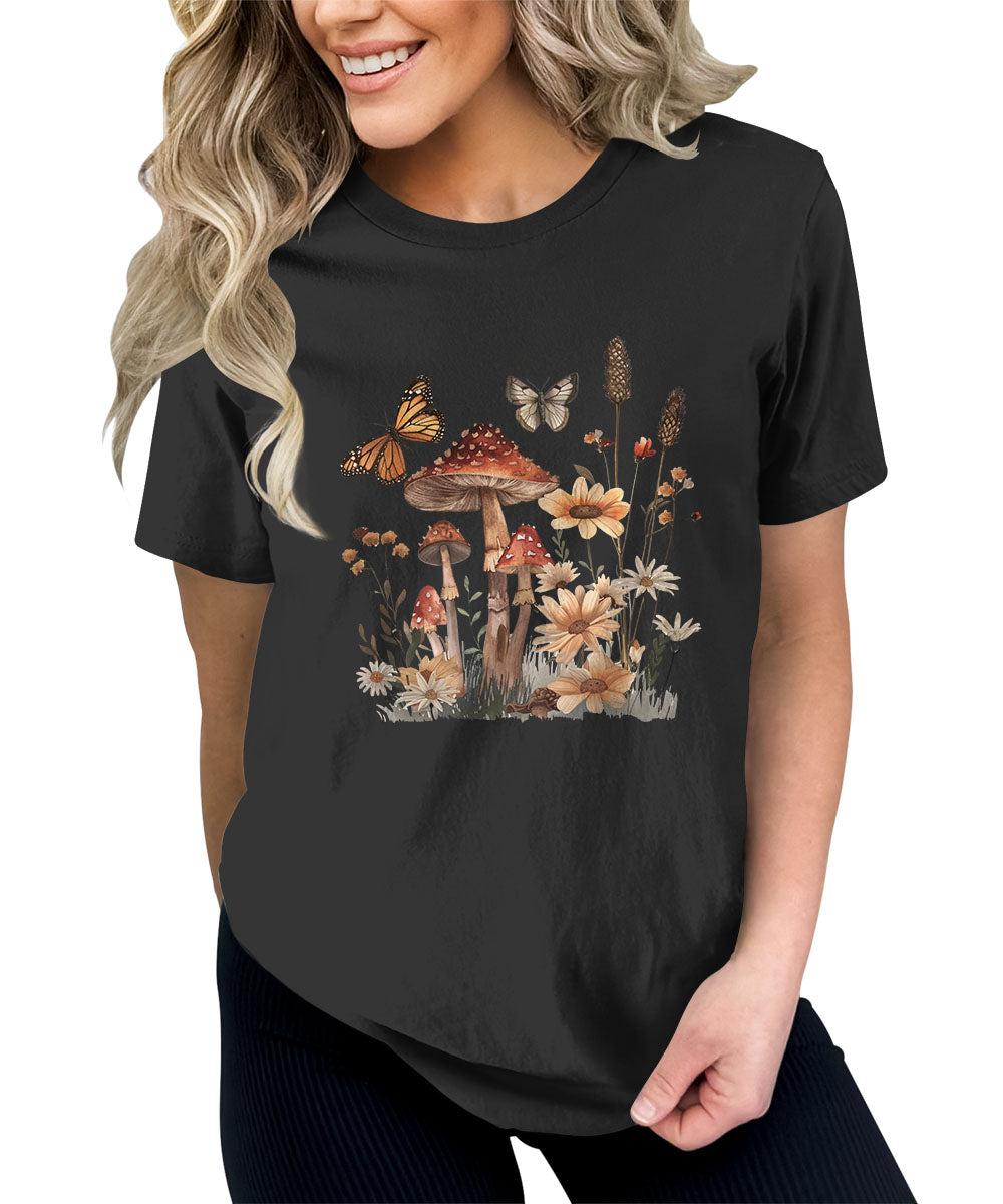 Wildflower Mushroom Butterfly Graphic Tees For Women