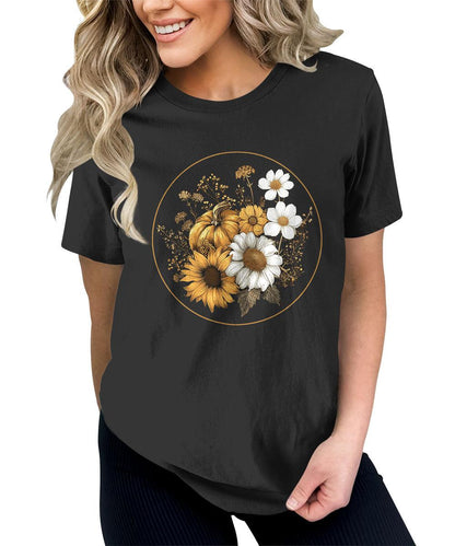 Women's Fall Vintage Pumpkin T Shirt Floral Graphic Tees Plus Size Tops