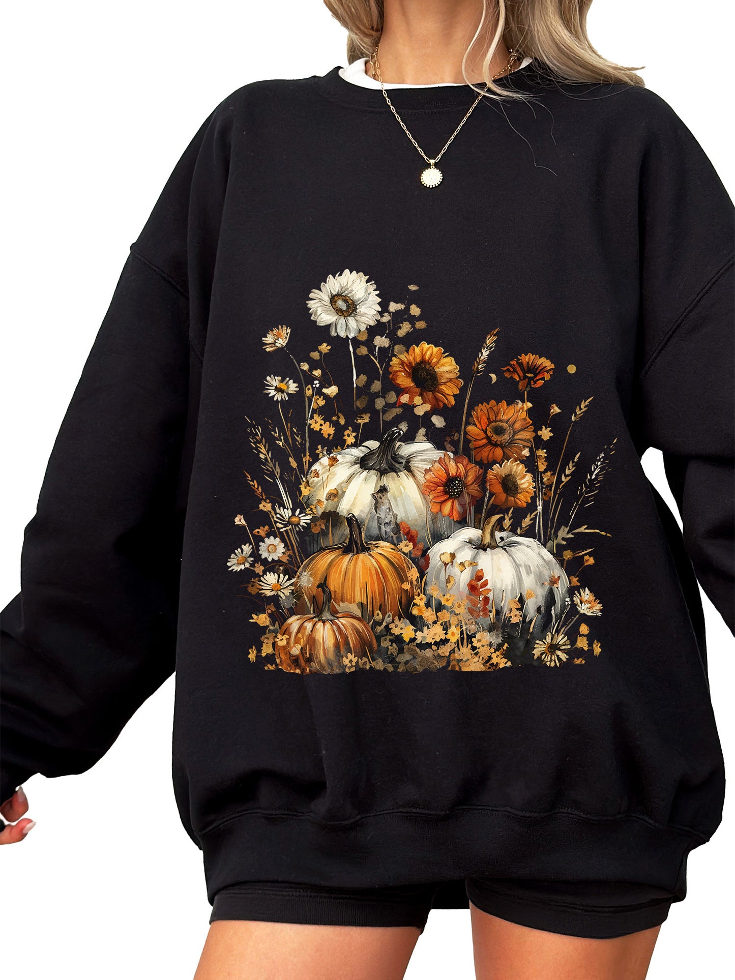 Women's Fall Floral Pumpkin Flowers Crewneck Sweatshirt