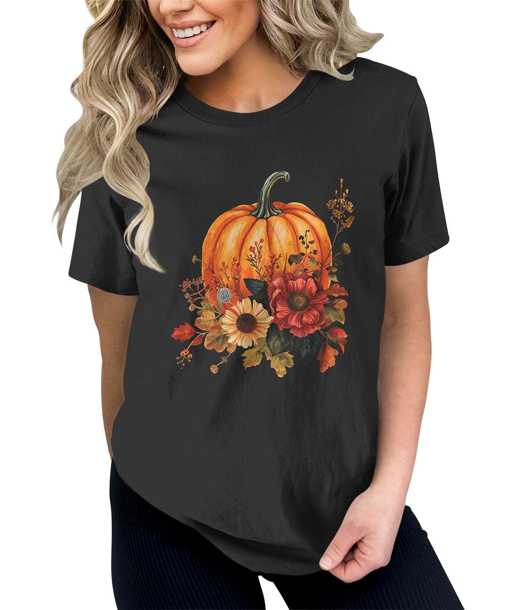 Trendy Fall Pumpkin Flower Graphic Tees For Women