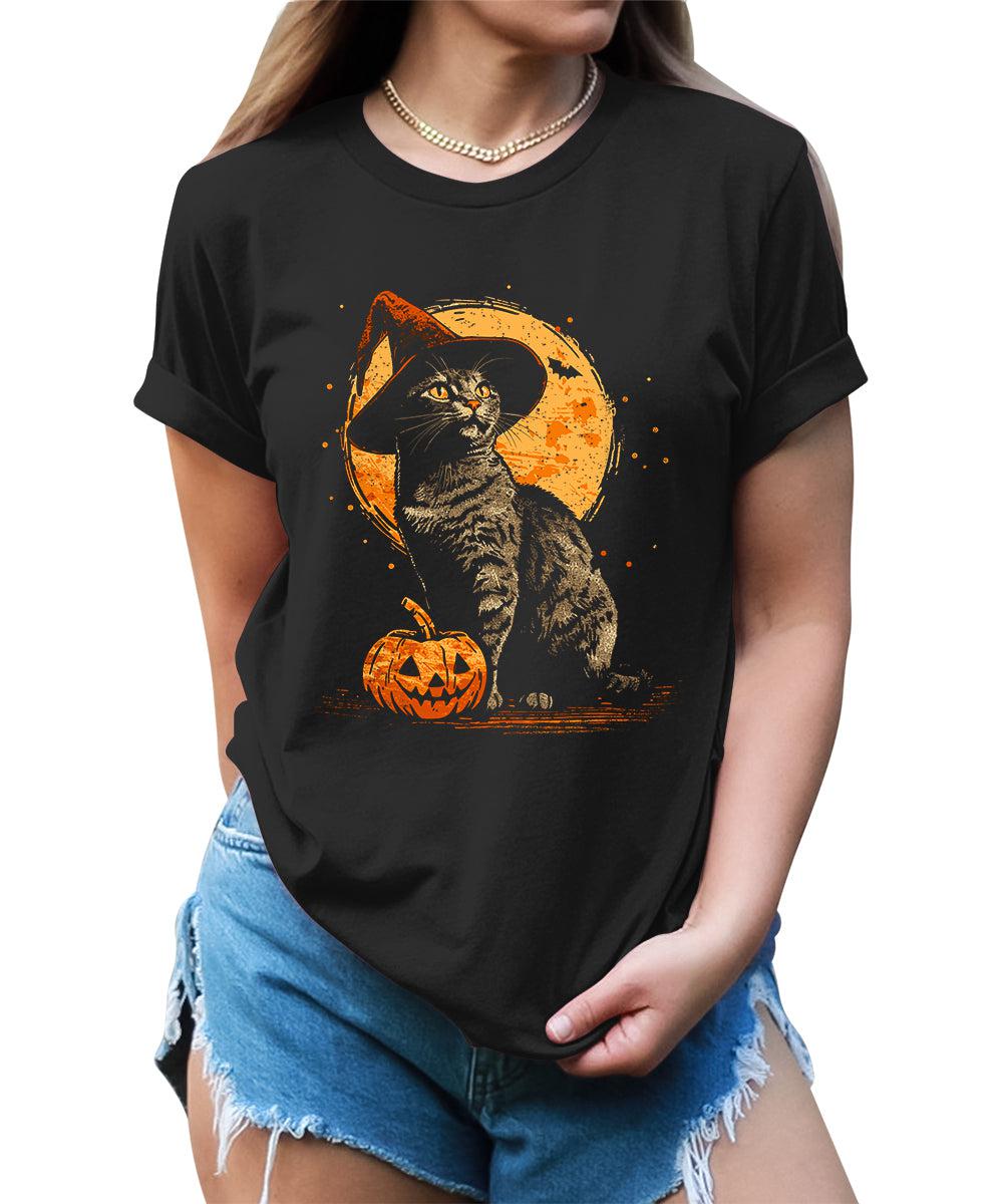 Witch Cat Pumpkin Graphic Tees For Women