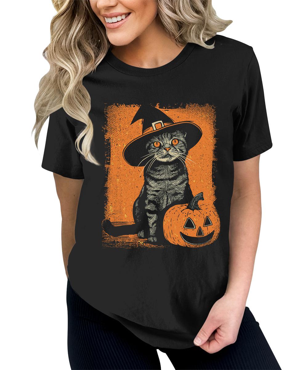 Witch Cat Pumpkin Graphic Tees For Women