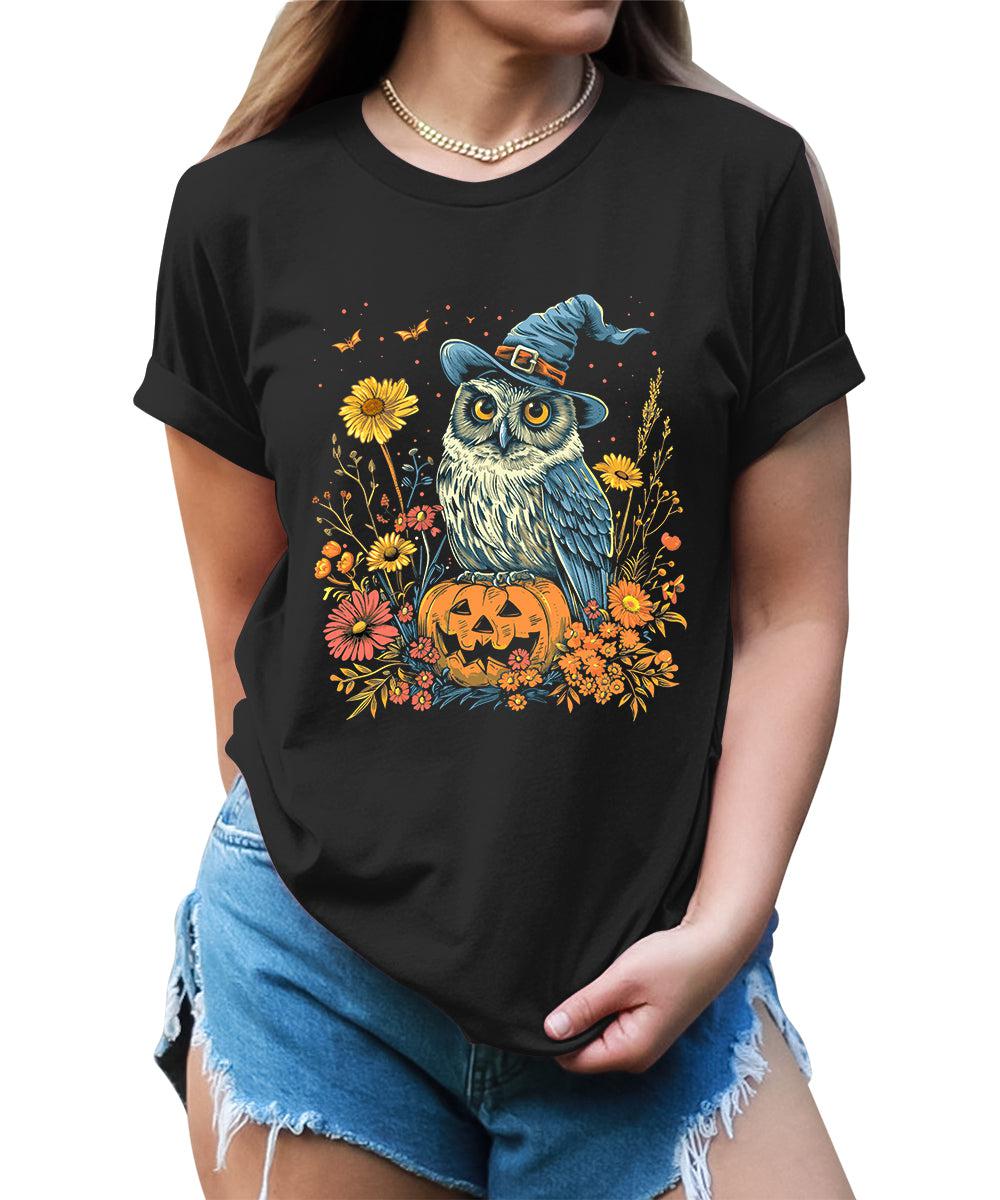 Witch Owl Pumpkin Flowers Graphic Tees For Women