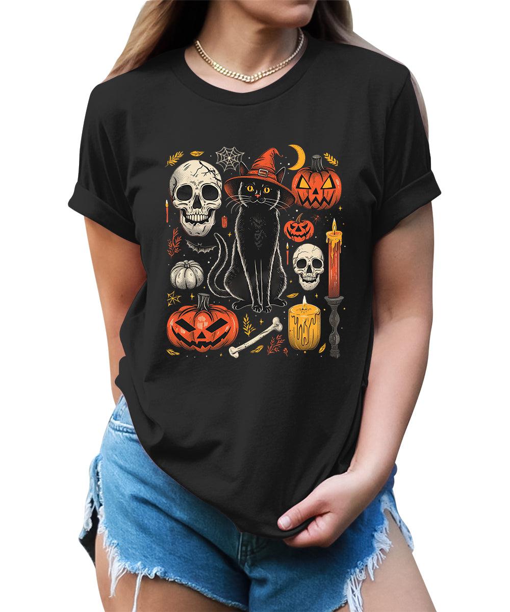 Scary Halloween Witch Cat Pumpkin Graphic Tees For Women