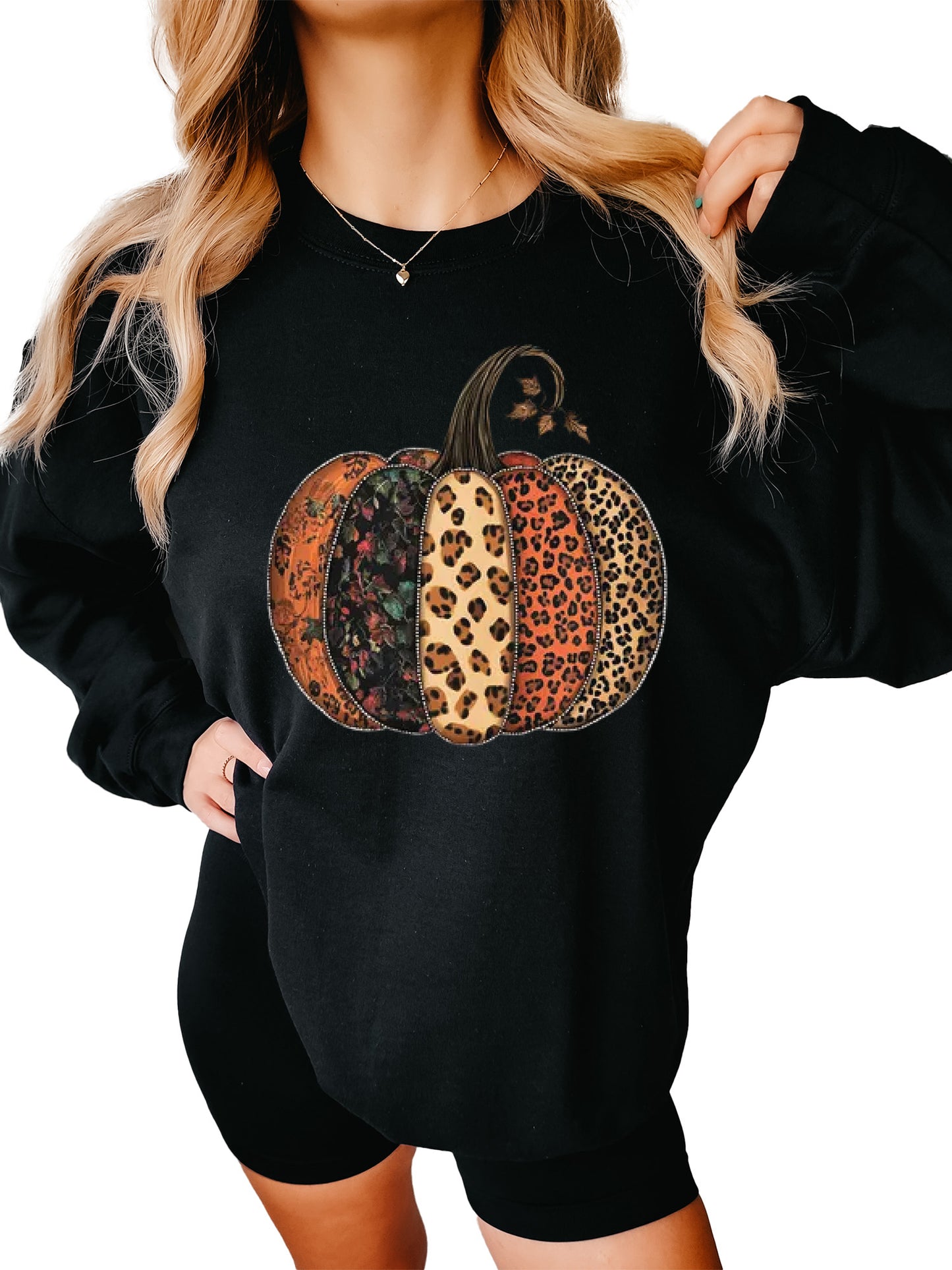 Women's Fall Leopard Print Pumpkin Thanksgiving Crewneck Sweatshirt