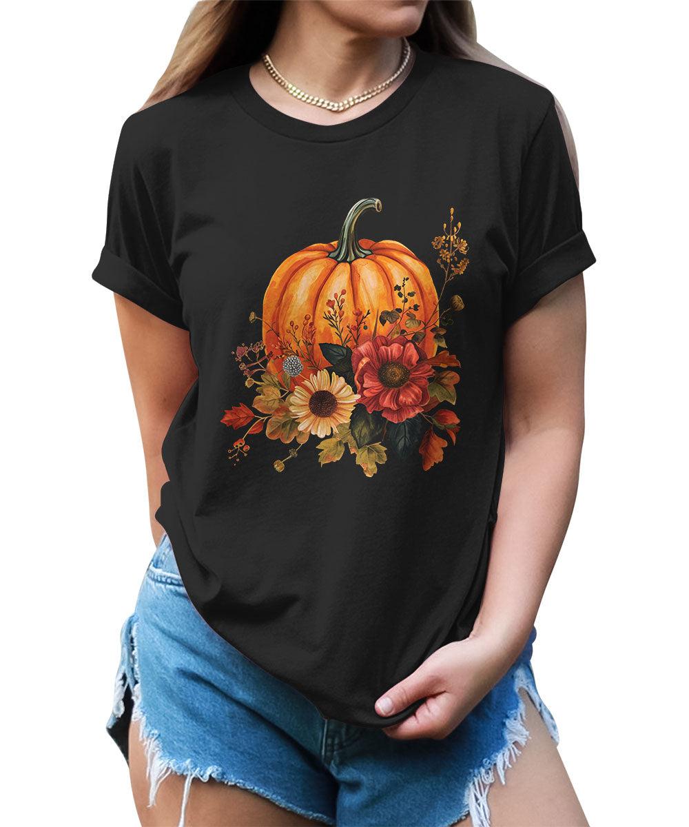 Trendy Fall Pumpkin Flower Graphic Tees For Women