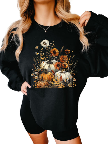 Women's Fall Floral Pumpkin Flowers Crewneck Sweatshirt