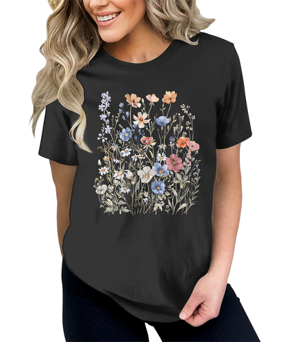 Women's Vintage Floral T Shirt Boho Wildflower Graphic Short Sleeve Tops