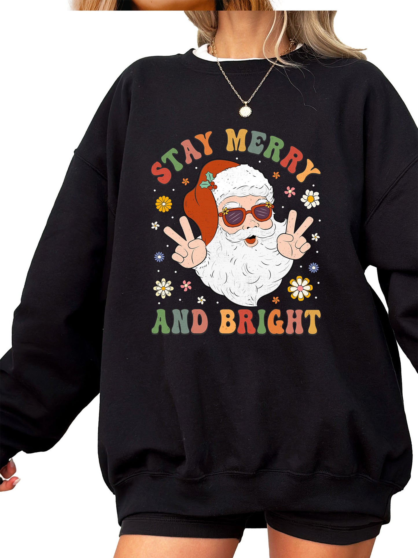 Women's Stay Merry and Bright Groovy Santa Crewneck Sweatshirt