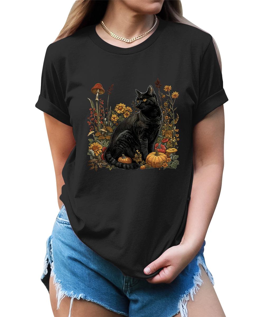 Fall Black Cat Graphic Tees For Women