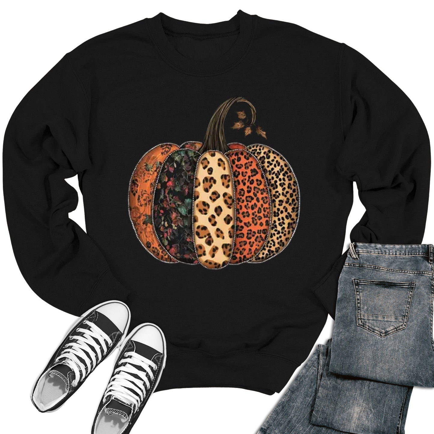 Women's Fall Leopard Print Pumpkin Thanksgiving Crewneck Sweatshirt