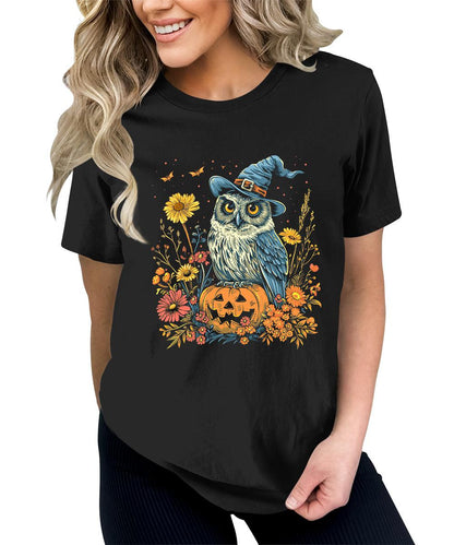 Witch Owl Pumpkin Flowers Graphic Tees For Women