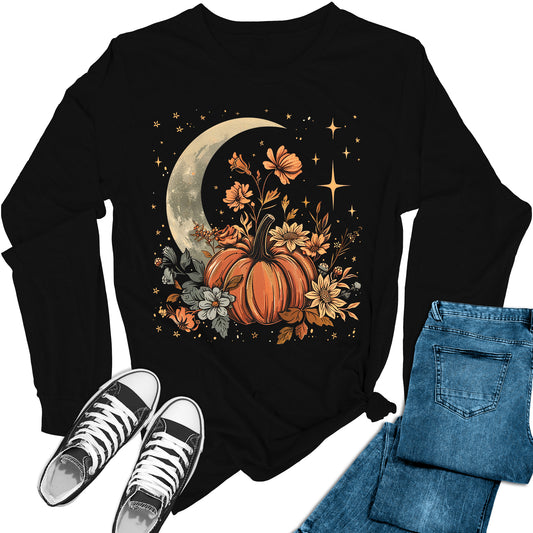 Women's Fall Crescent Moon Pumpkin Long Sleeve Graphic Tees