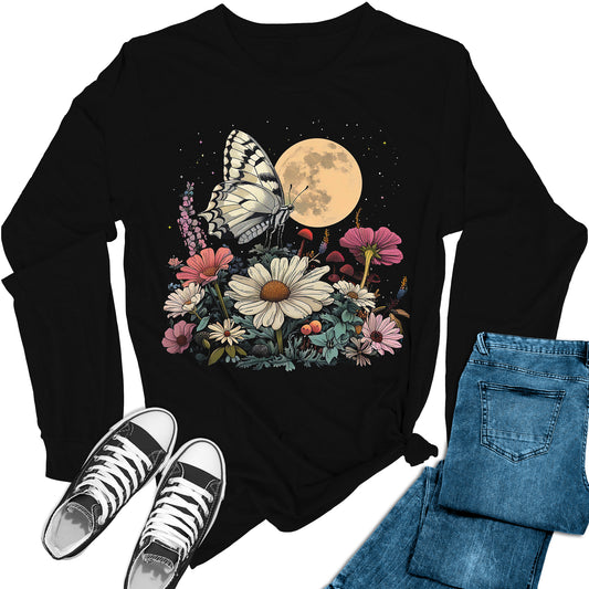 Women's Moon Floral Butterfly Long Sleeve Graphic Tees