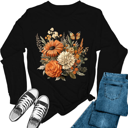 Women's Floral Fall Flowers Long Sleeve Graphic Tees