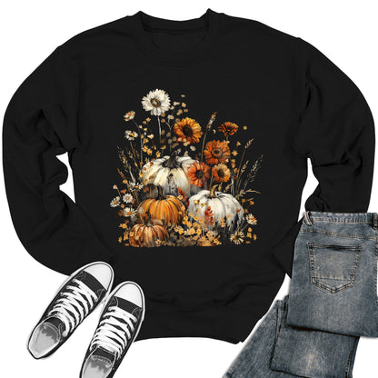 Women's Fall Floral Pumpkin Flowers Crewneck Sweatshirt