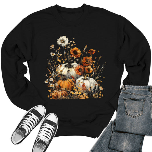 Women's Fall Floral Pumpkin Flowers Crewneck Sweatshirt