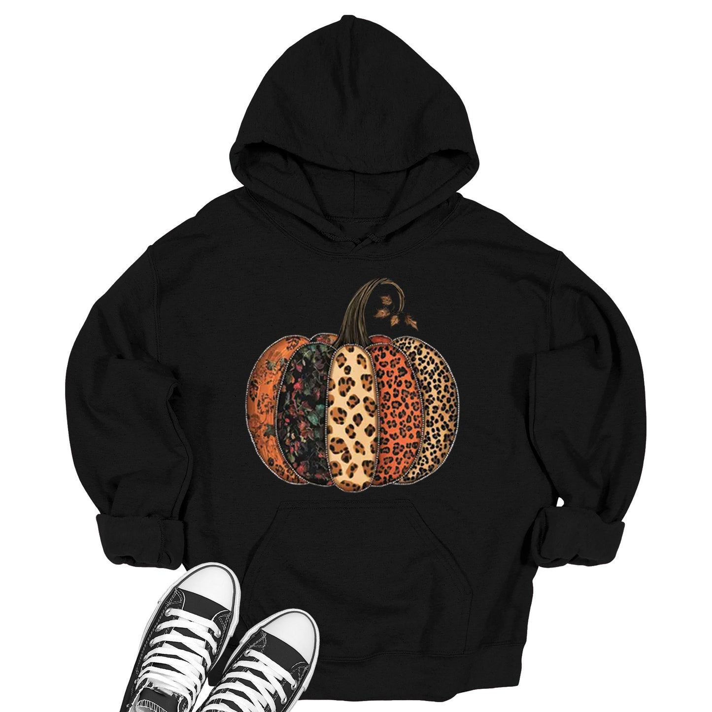 Women's Women's Buffalo Plaid Patched Pumpkin Fall Hoodie