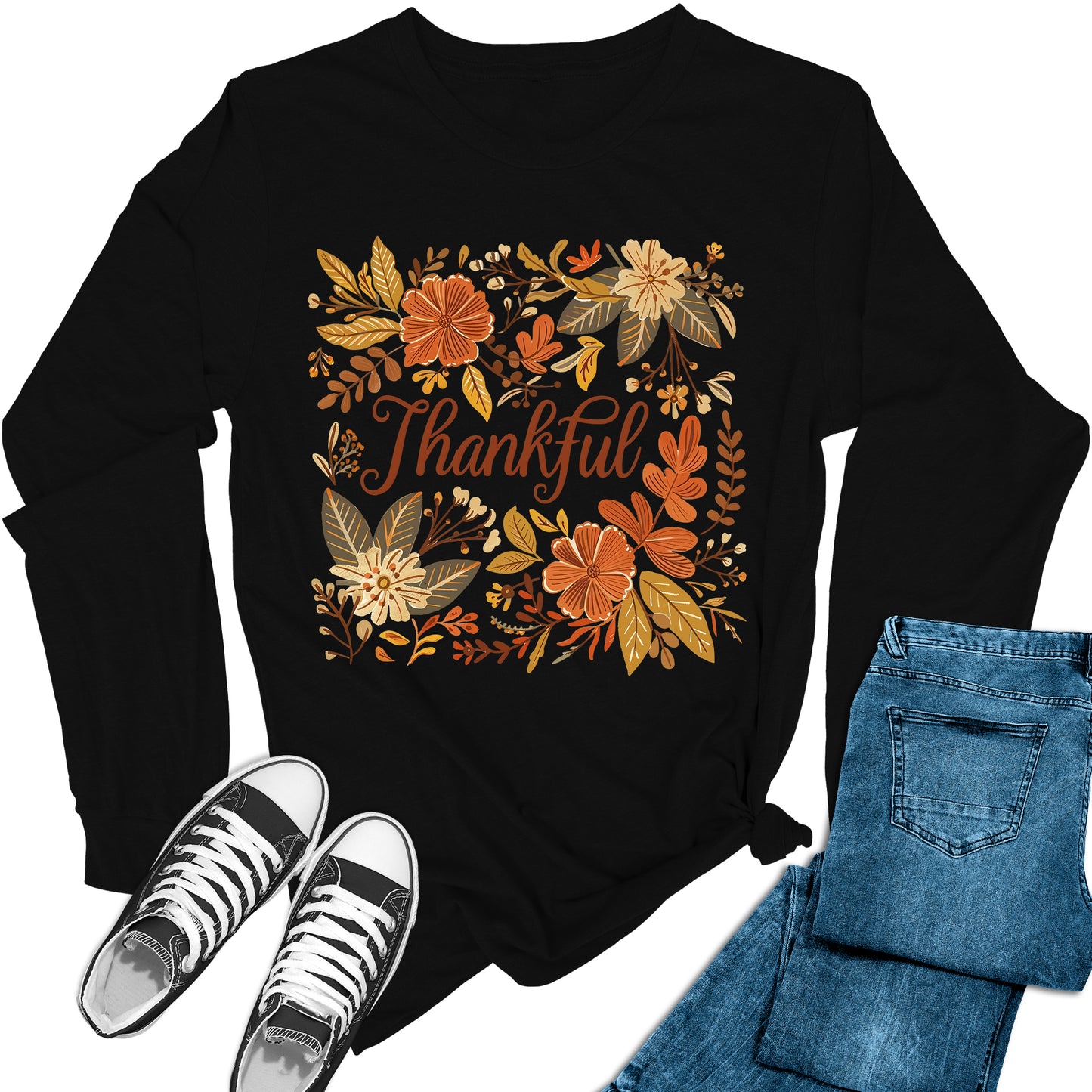 Women's Thankful Autumn Fall Long Sleeve Graphic Tees