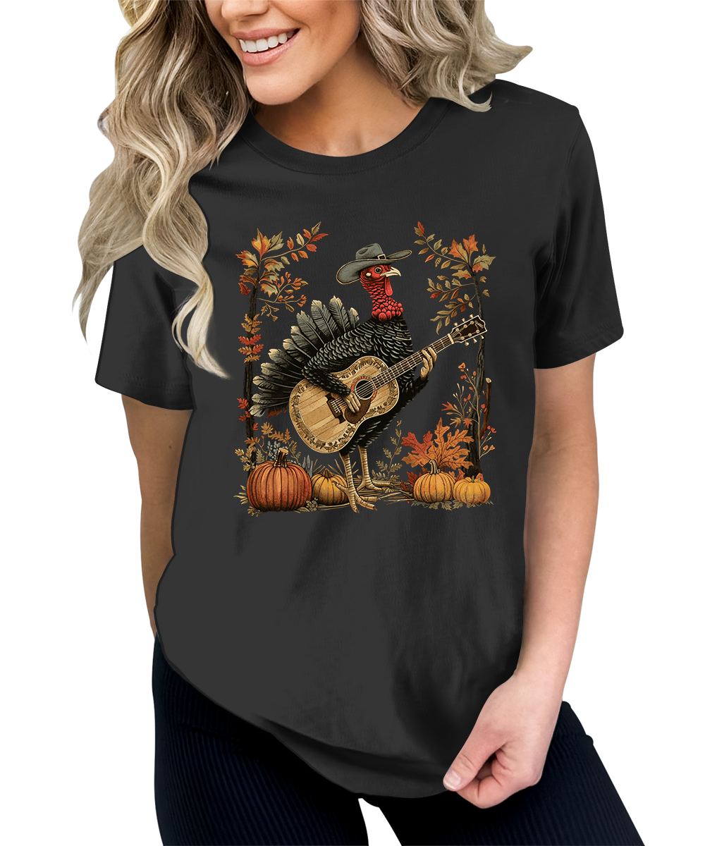 Turkey Playing Guitar Shirt Women Thanksgiving Graphic Tees