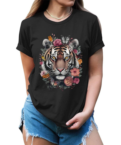 Floral Tiger Face Animal Graphic Tees For Women