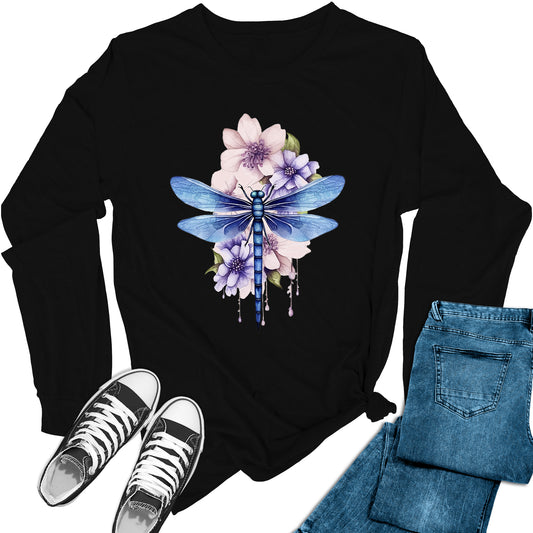 Women's Dragonfly Flowers Long Sleeve Graphic Tees