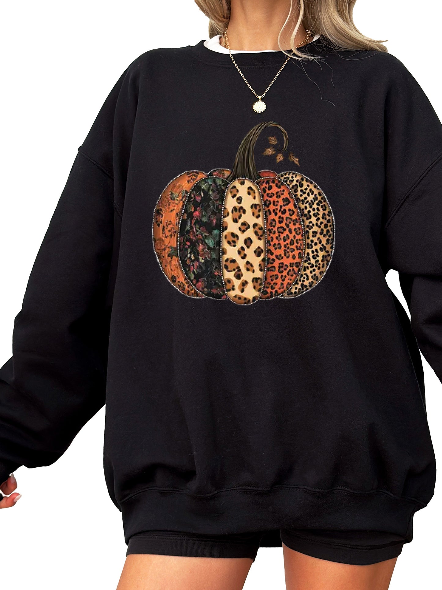 Women's Fall Leopard Print Pumpkin Thanksgiving Crewneck Sweatshirt