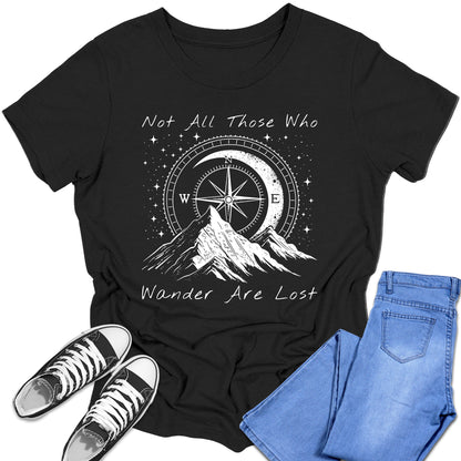 Girl's Short Sleeve Graphic Tees Cute Hiking Not All Those Who Wander Are Lost Shirt Casual Fall Tops