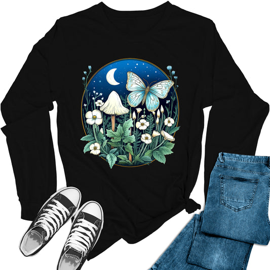 Women's Moon Mushroom Butterfly Long Sleeve Graphic Tees