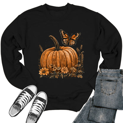 Fall Pumpkin Butterfly Flower Crewneck Sweatshirt