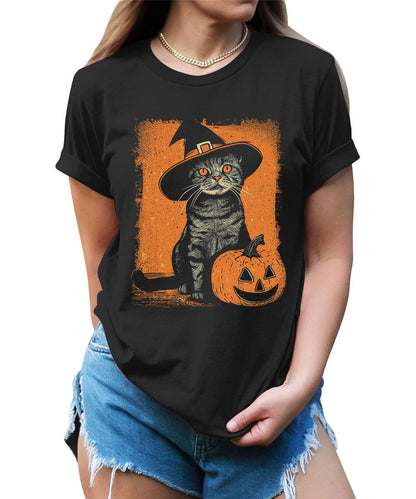 Witch Cat Pumpkin Graphic Tees For Women