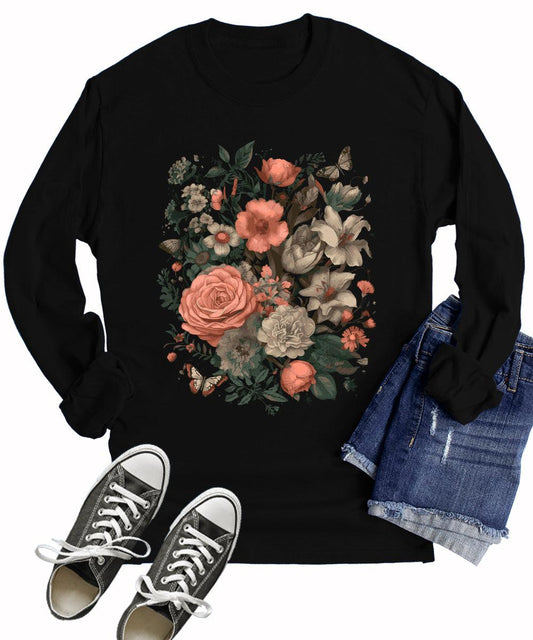 Long Sleeve Shirts for Women Floral Trendy Wildflower Graphic Tees Butterfly T Shirts Fall Tops