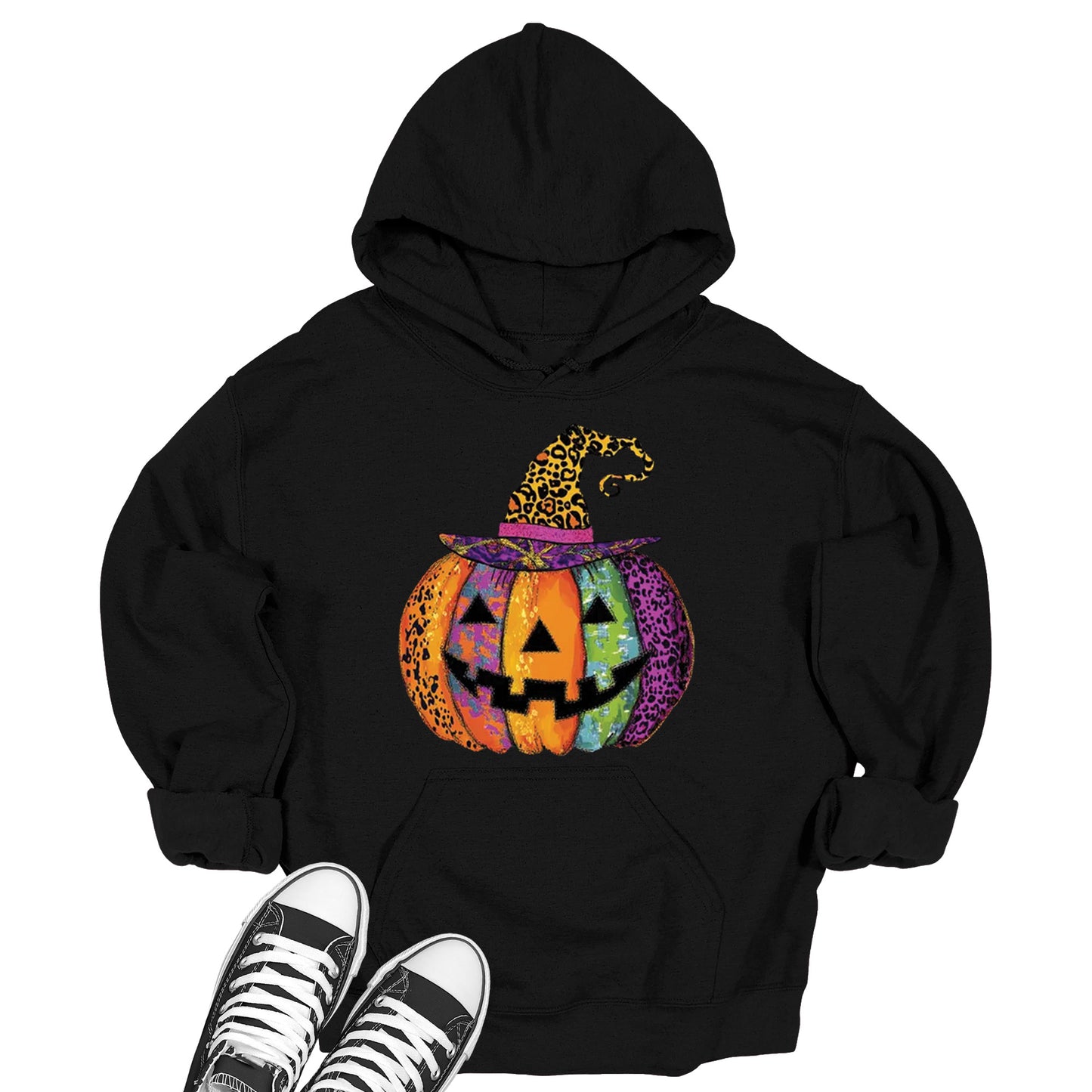 Women's Halloween Jack-O-Lantern Leopard Print Witch Hat Pumpkin Hoodie